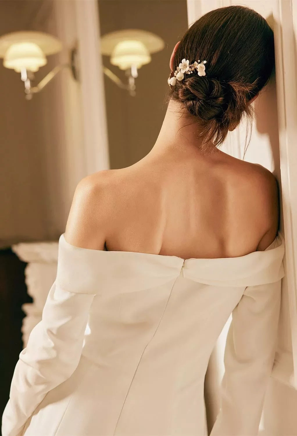 Chic Mermaid Off-the-Shoulder Long-Sleeve Zip Back Sweep/Brush Train Satin Wedding Dresses with Slit