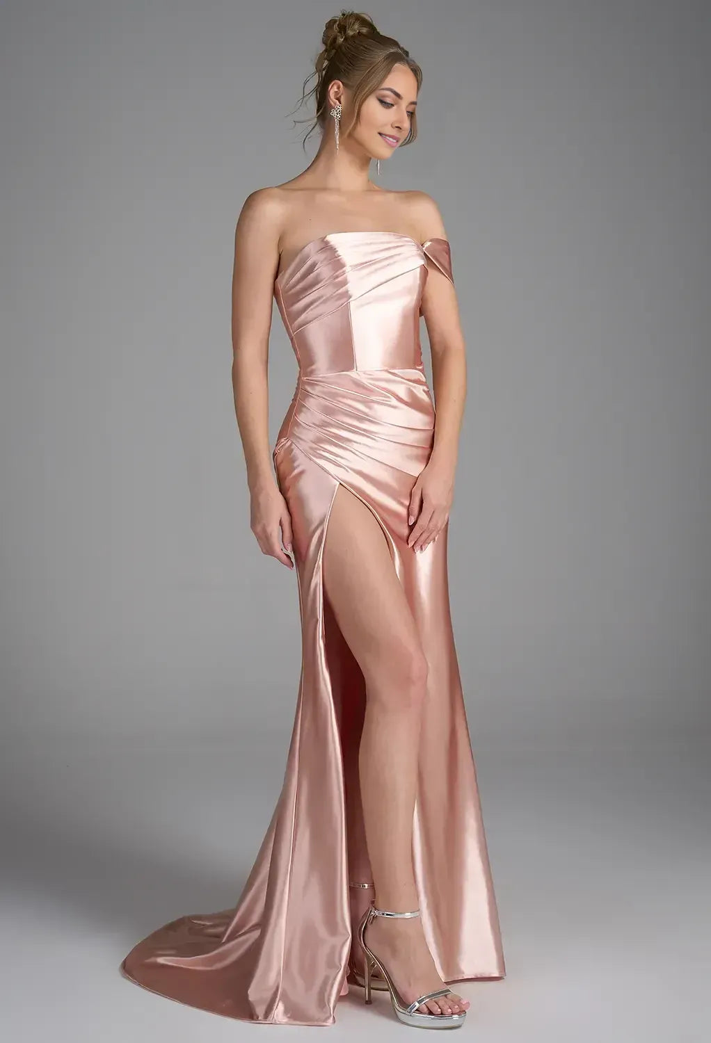 Chic Mermaid One-Shoulder Sleeveless Solid Back Floor-Length Satin Ruched Prom Dresses with Silt