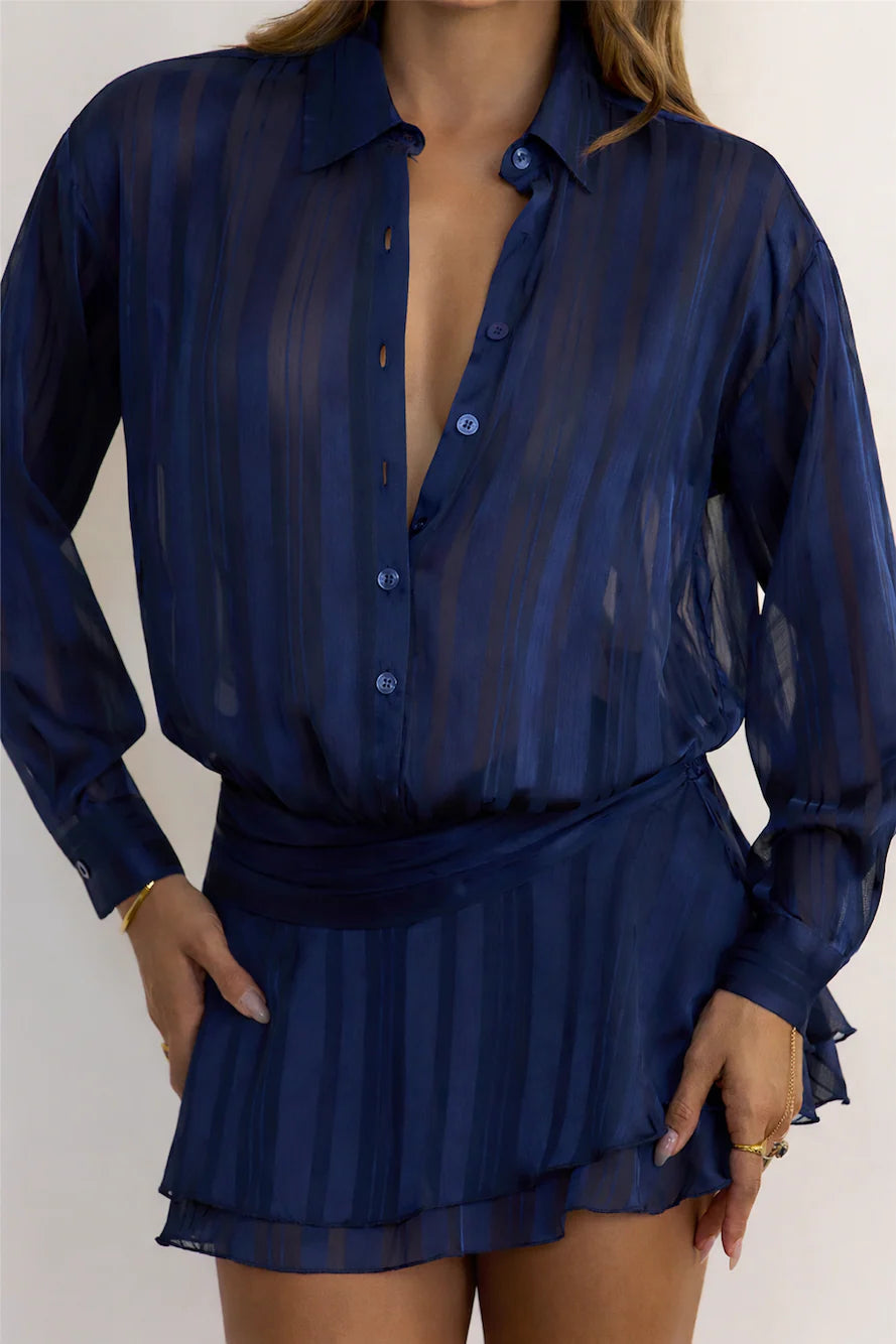 Chic Navy Blue Striped Satin Mini Dress with Sheer Long Sleeves, Button-Down Collar, Smocked Waistband and Layered Ruffle Skirt