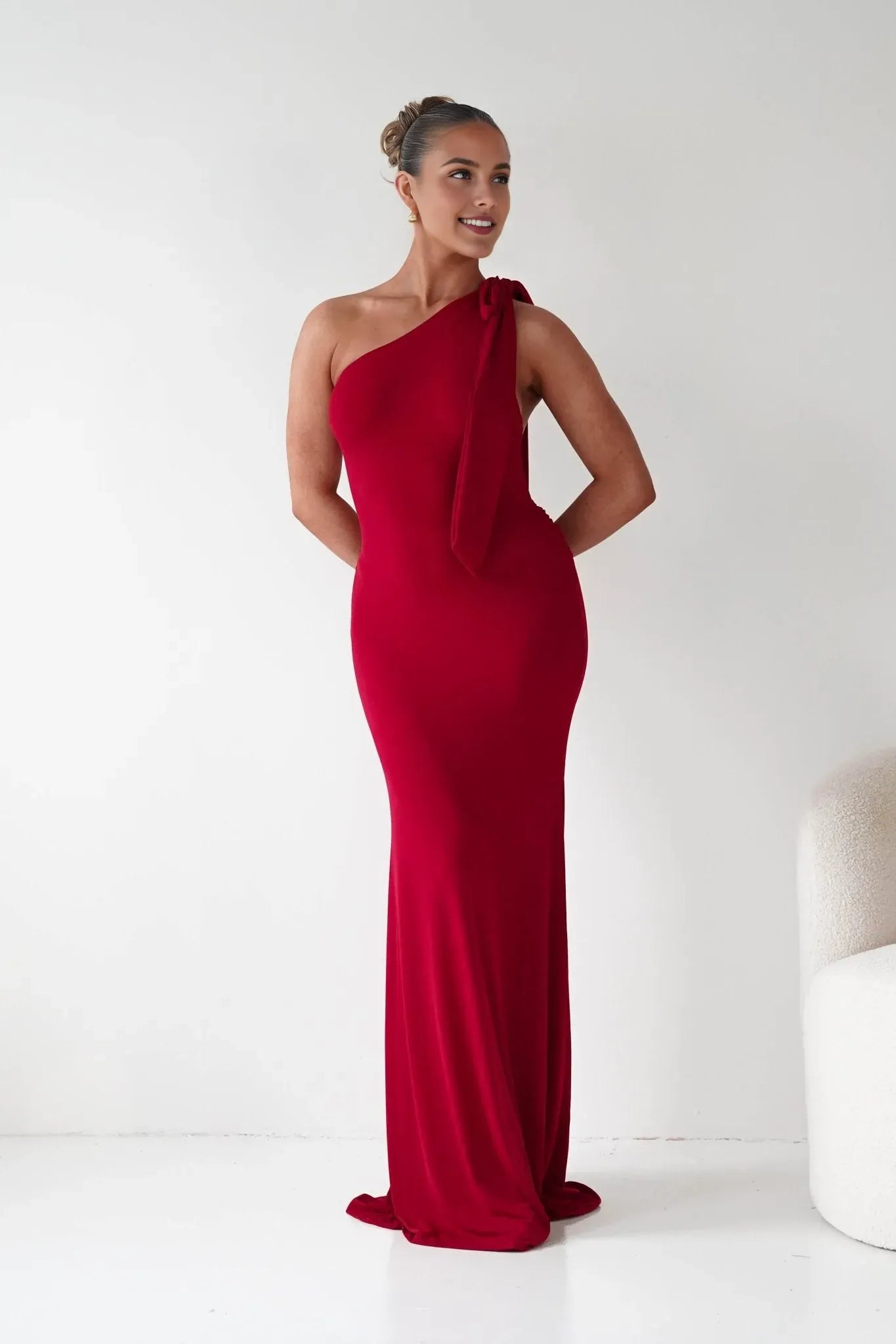 Chic Red Sheath One Shoulder Sleeveless Open Back Floor Length Formal Prom Dresses