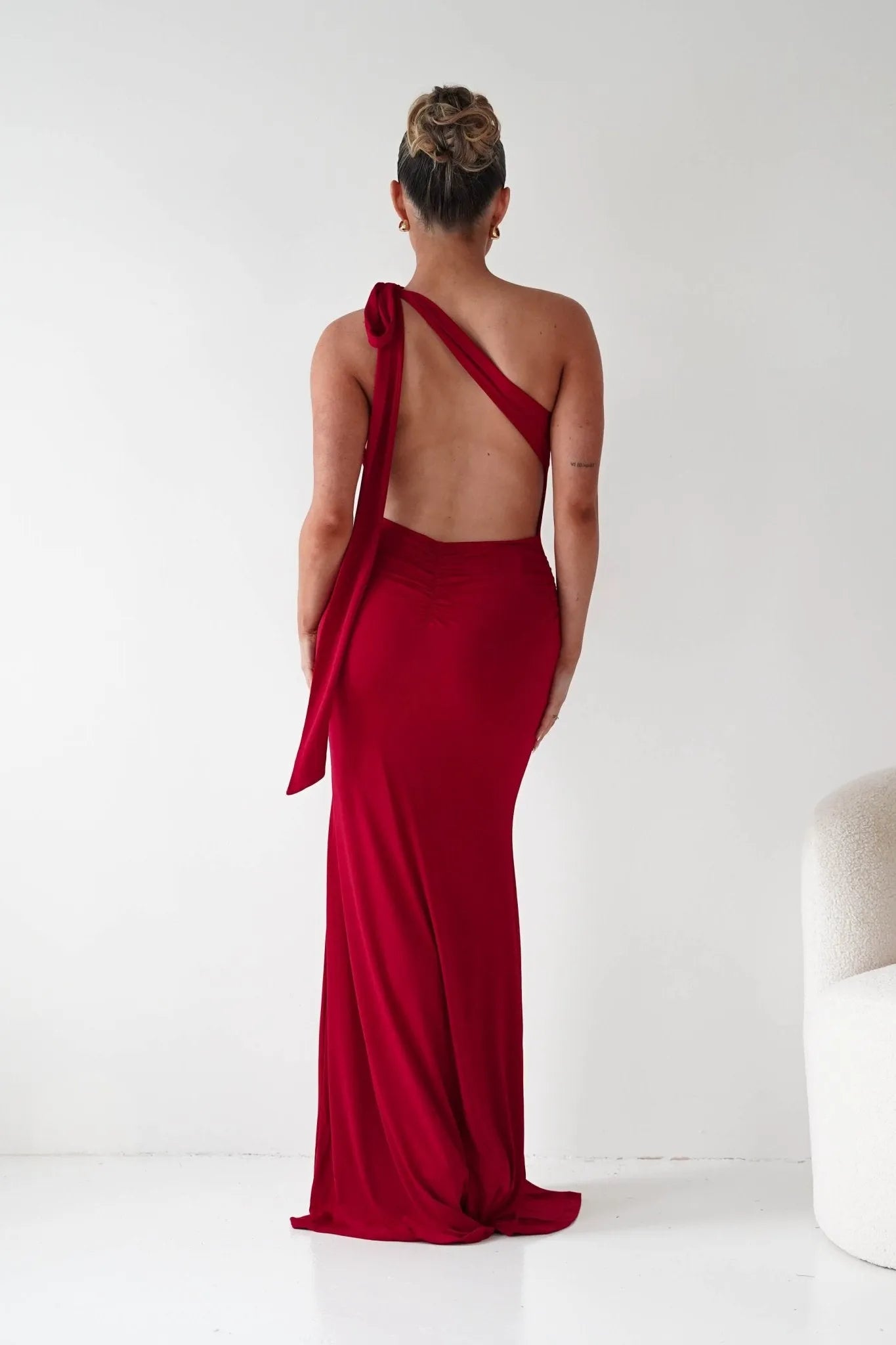 Chic Red Sheath One Shoulder Sleeveless Open Back Floor Length Formal Prom Dresses