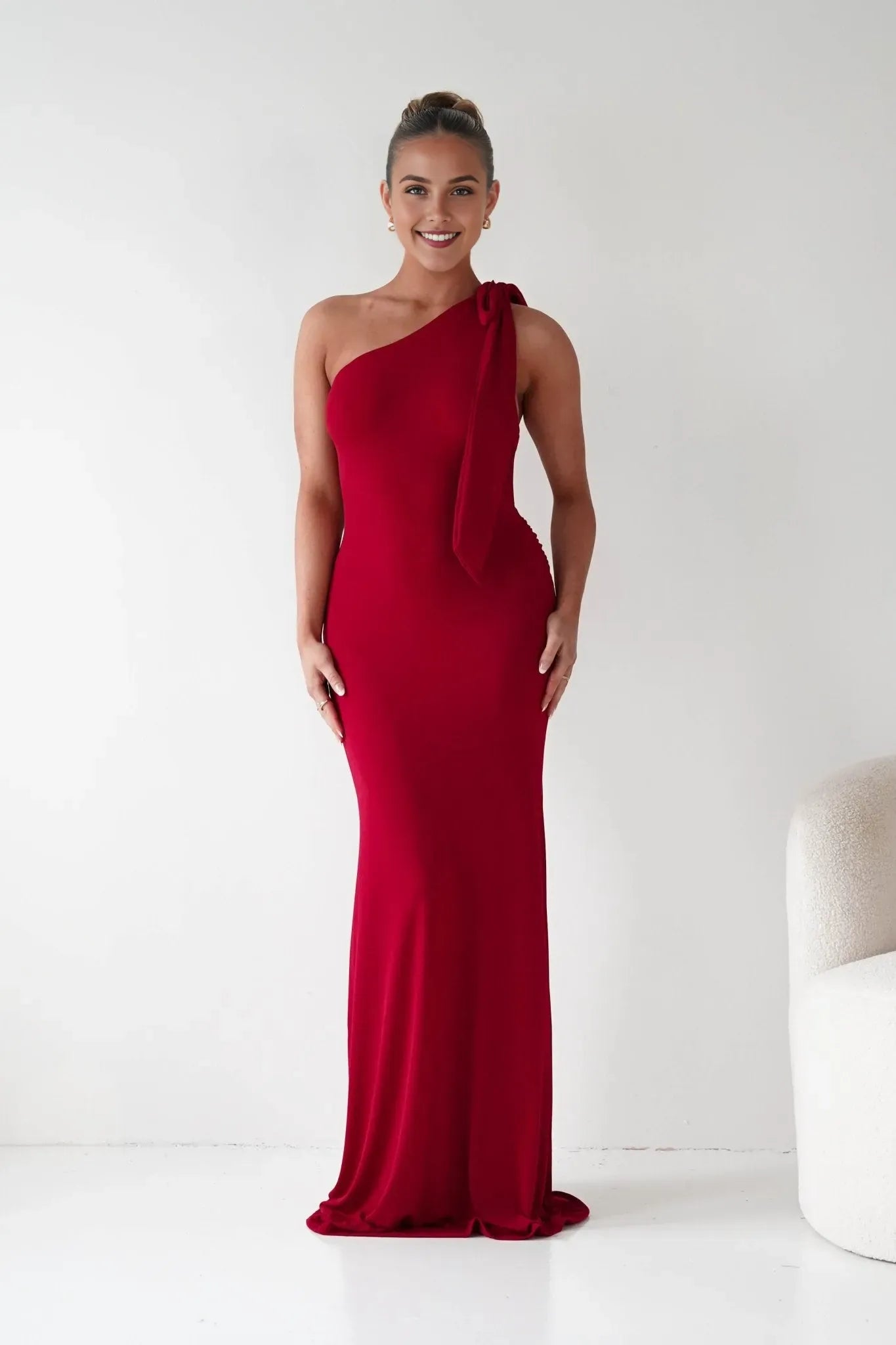 Chic Red Sheath One Shoulder Sleeveless Open Back Floor Length Formal Prom Dresses