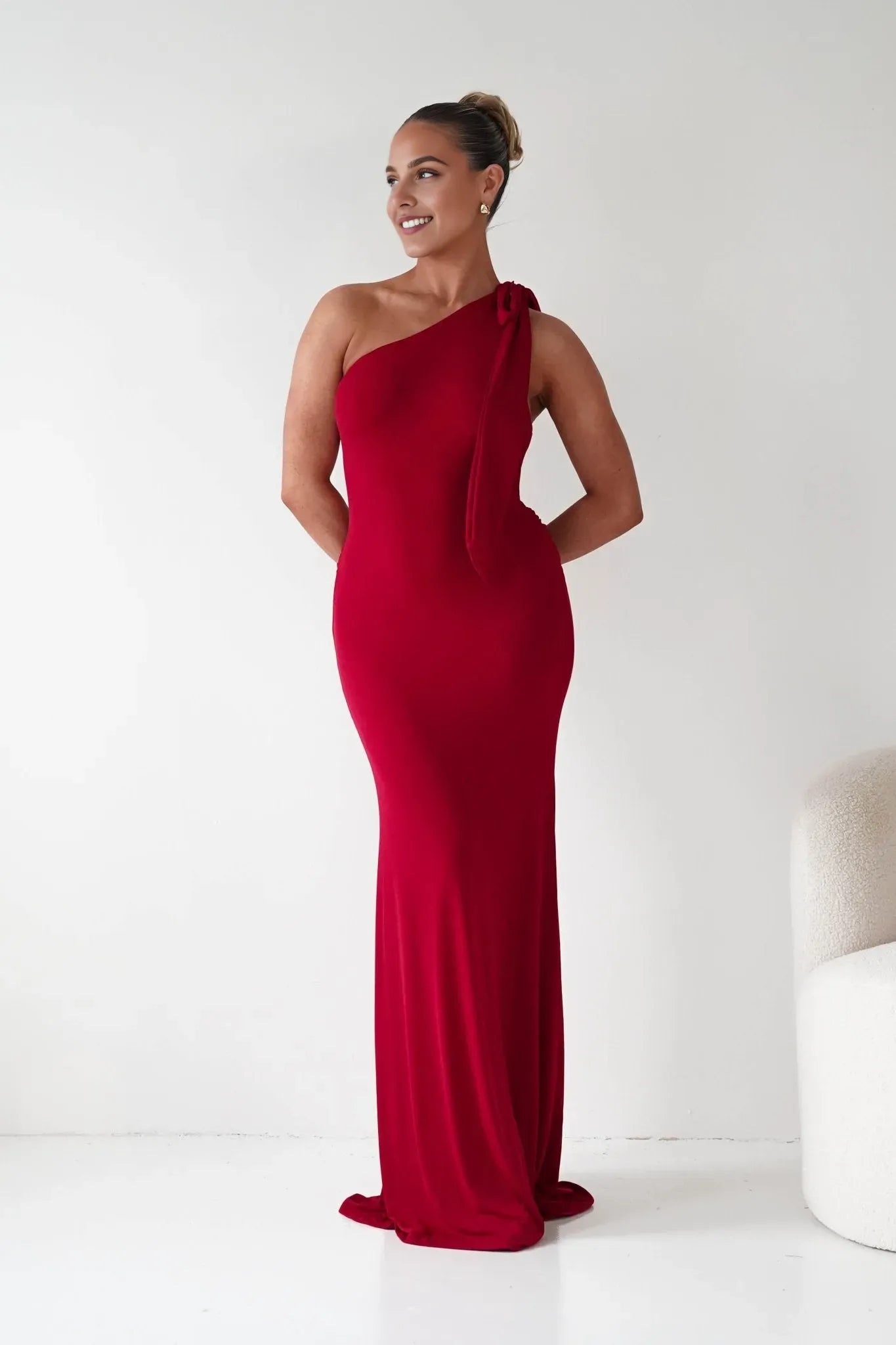 Chic Red Sheath One Shoulder Sleeveless Open Back Floor Length Formal Prom Dresses
