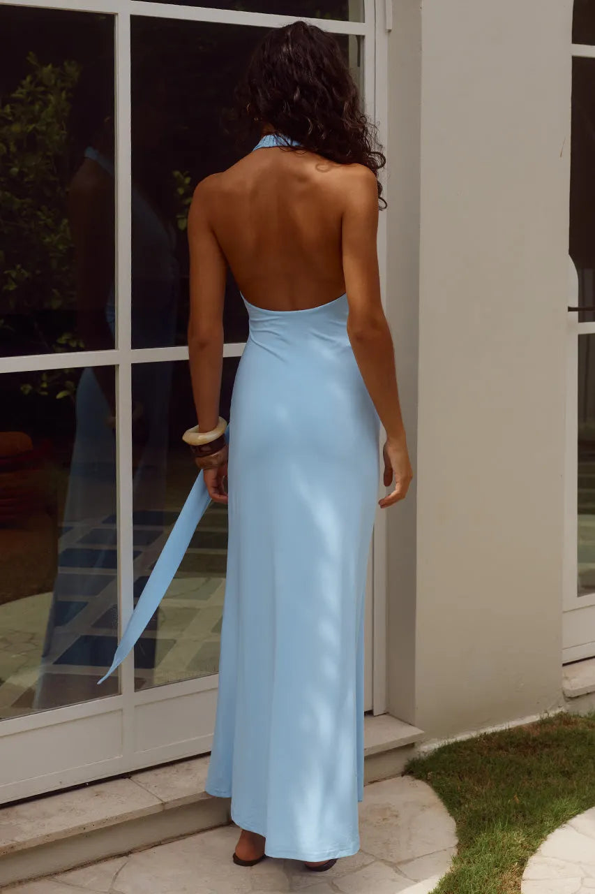 Chic Sheath Halter Neck Sleeveless Open Back Floor Length Formal Prom Dresses