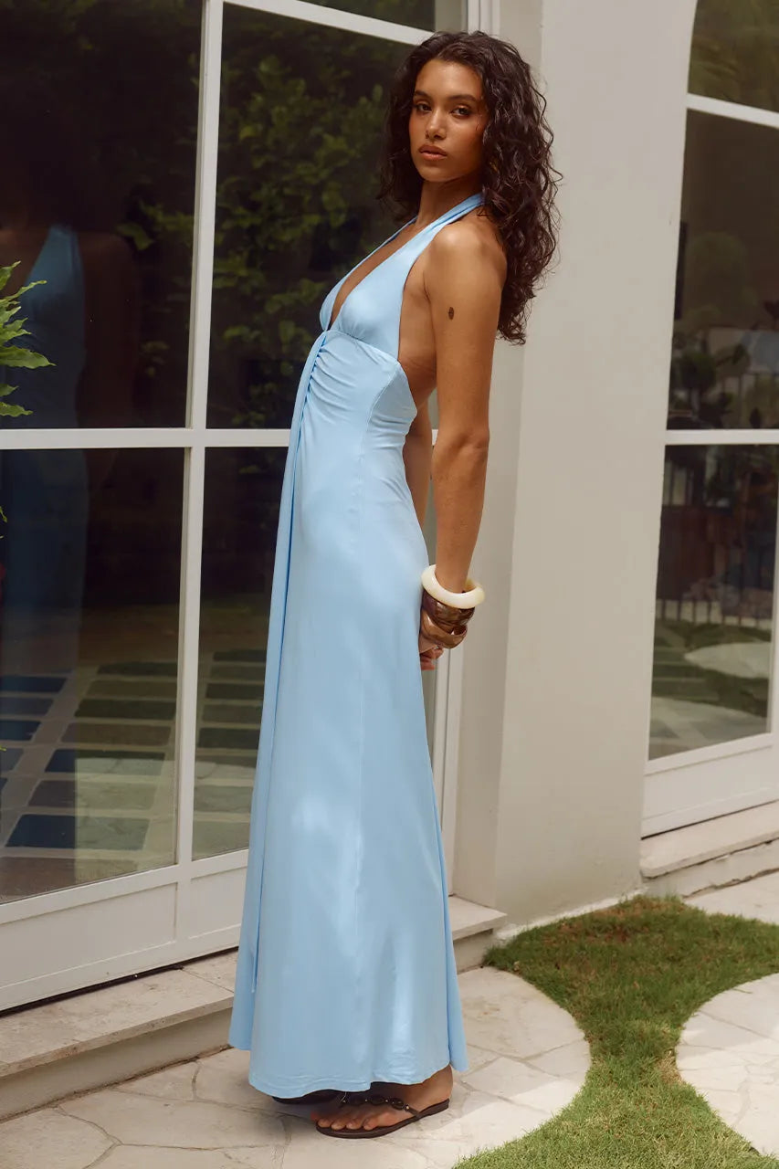 Chic Sheath Halter Neck Sleeveless Open Back Floor Length Formal Prom Dresses