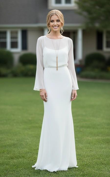 Chic Sheath Round Neck Chiffon Long Sleeve Tie Back Floor-Length Wedding Dresses