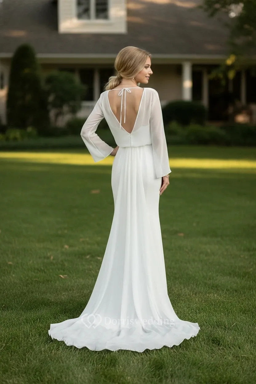 Chic Sheath Round Neck Chiffon Long Sleeve Tie Back Floor-Length Wedding Dresses