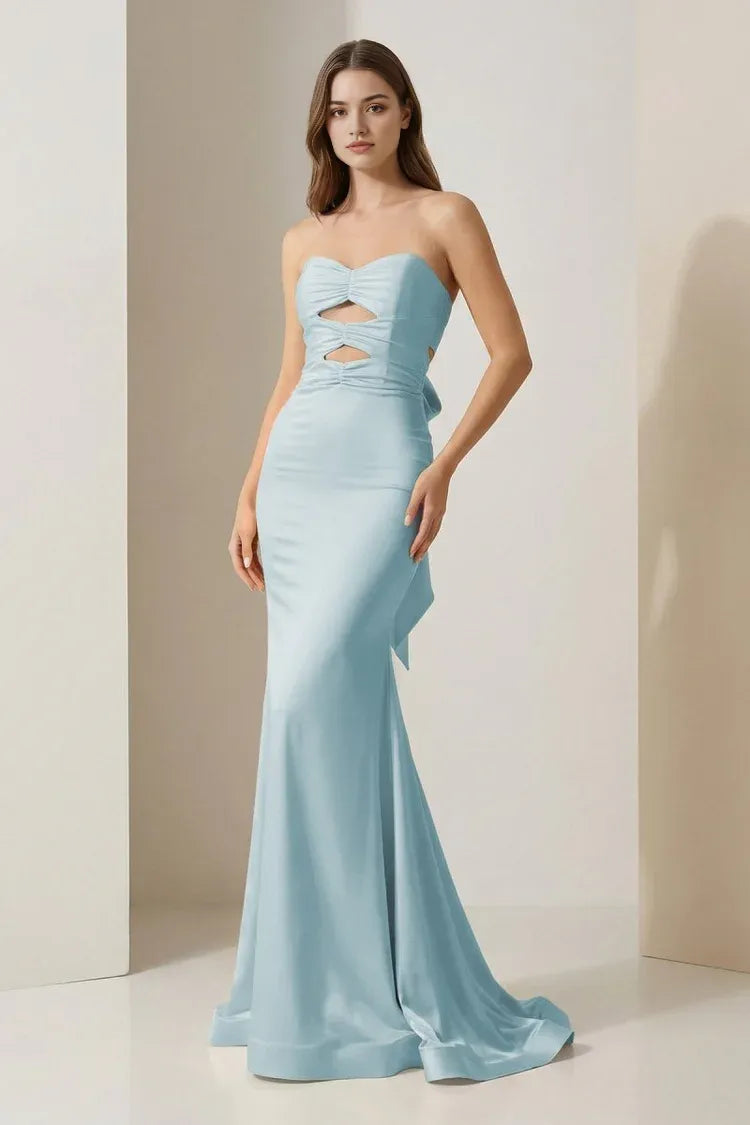 Chic Sky Blue Mermaid Sweetheart Neck Sleeveless Tie-Back Sweep Train Satin Prom Dresses With Cutout