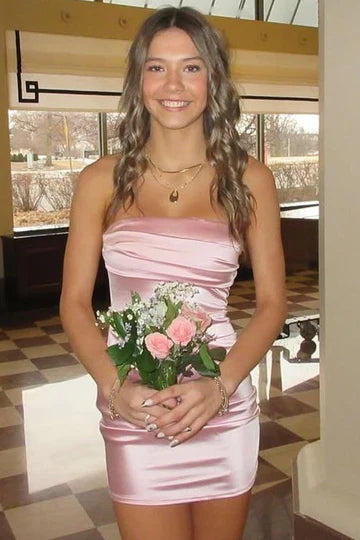 Chic Strapless Stain Pleated Sleeveless Tight Short Homecoming Party Dress