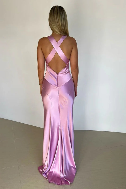 Chic Straps V-Neck Pleated Sleeveless Satin Long Prom Dress with Slit