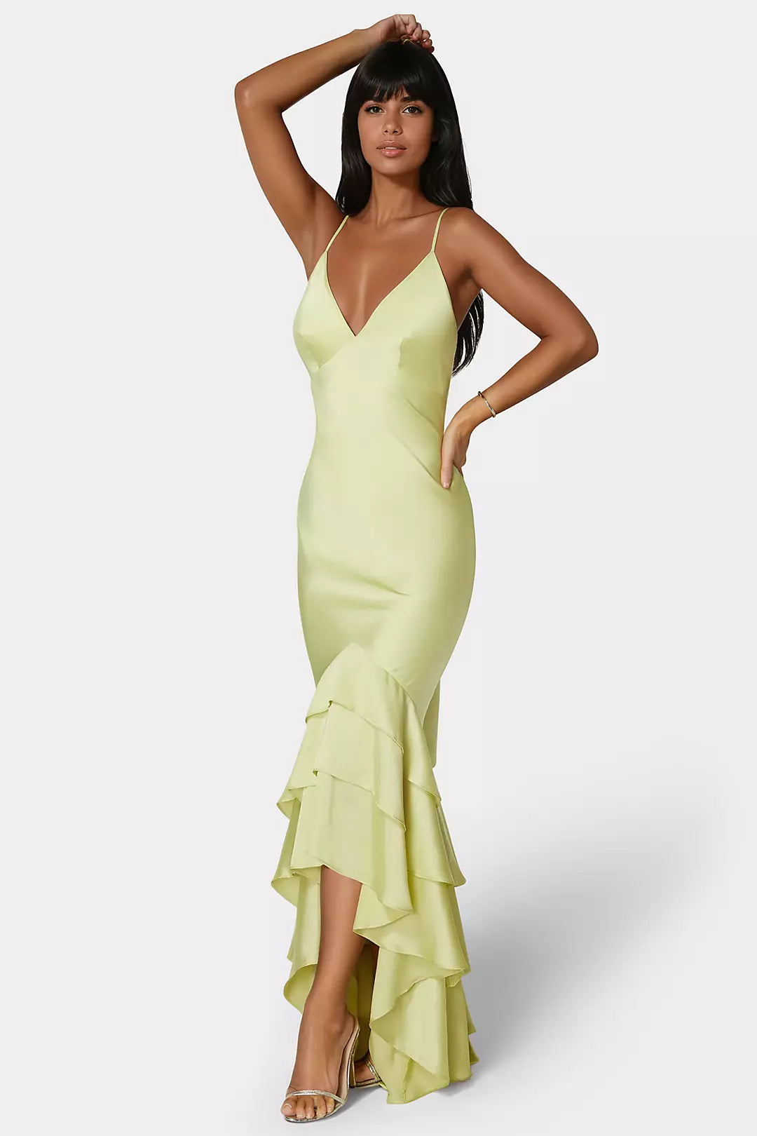 Chic Yellow Mermaid Deep V Neck Spaghetti Strap Crisscross Back Satin Ruffle Hem Floor-Length Prom Dresses