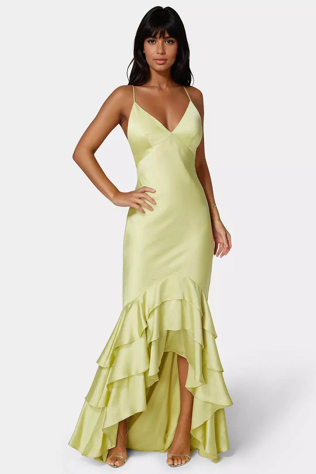 Chic Yellow Mermaid Deep V Neck Spaghetti Strap Crisscross Back Satin Ruffle Hem Floor-Length Prom Dresses