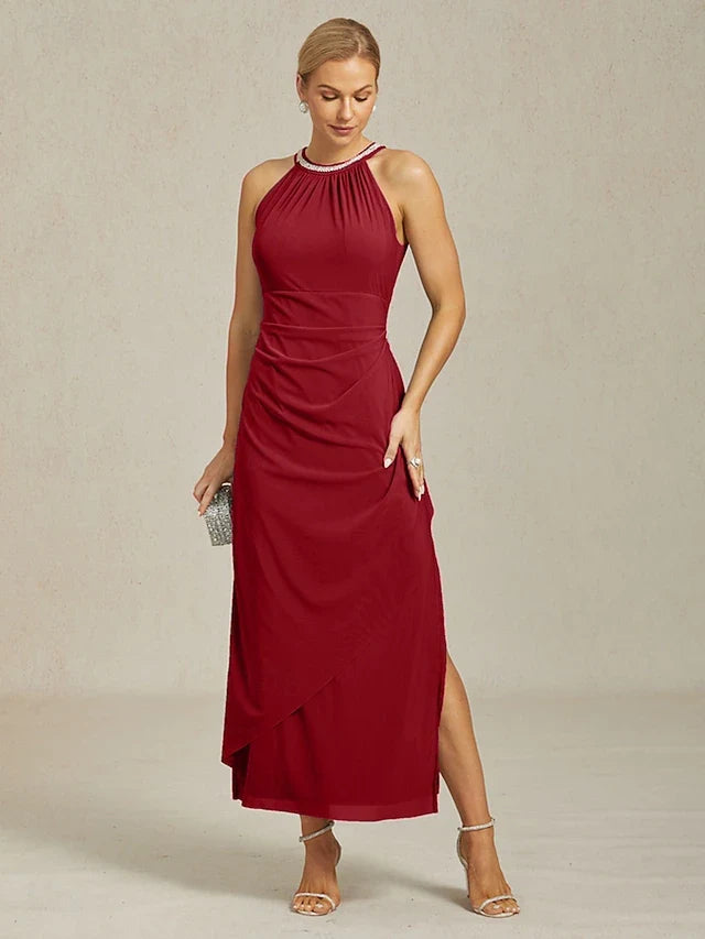 Chic A-Line Halter Sleeveless Ruched Slit Burgundy Maxi Prom Dress Women's