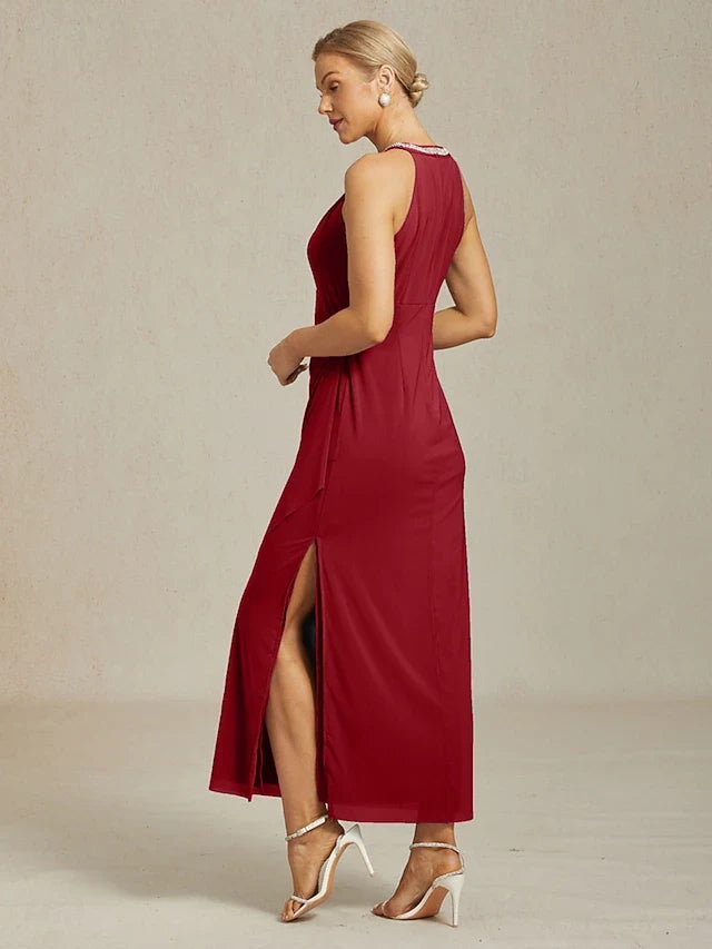 Chic A-Line Halter Sleeveless Ruched Slit Burgundy Maxi Prom Dress Women's