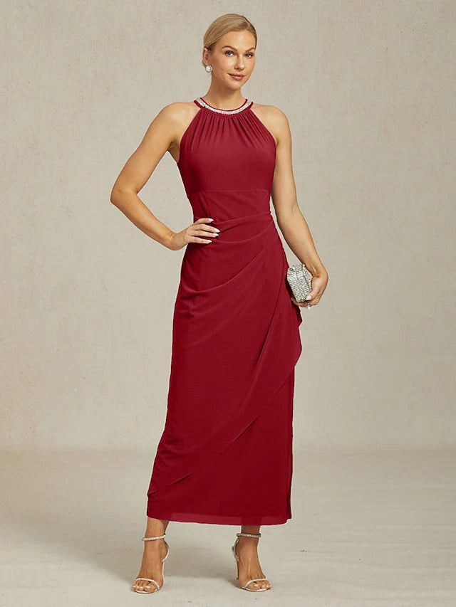 Chic A-Line Halter Sleeveless Ruched Slit Burgundy Maxi Prom Dress Women's