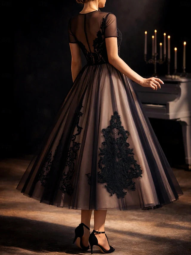 Chic A-Line Illusion Neck Short Sleeve Embroidered Black Midi Prom Gown