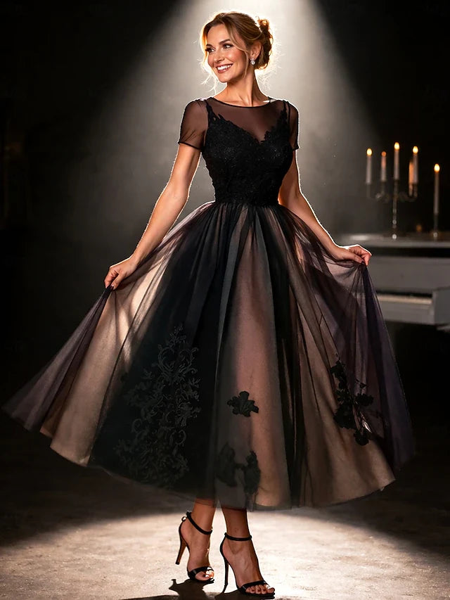 Chic A-Line Illusion Neck Short Sleeve Embroidered Black Midi Prom Gown