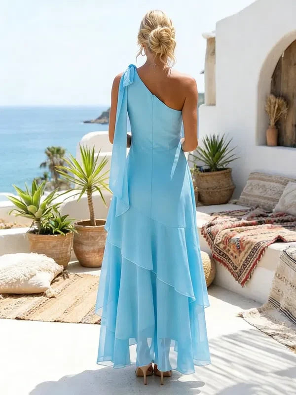 Chic A-Line One-Shoulder Ruffled Light Blue Maxi Prom Dress Gown