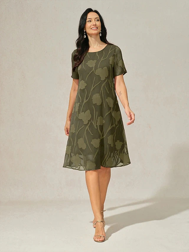 Chic A-Line Round Neck Short Sleeve Textured Olive Green Knee-Length Prom Dress