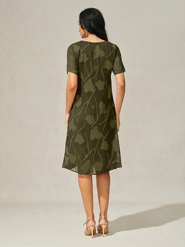 Chic A-Line Round Neck Short Sleeve Textured Olive Green Knee-Length Prom Dress