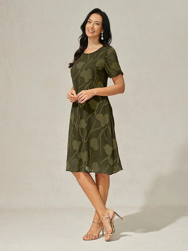 Chic A-Line Round Neck Short Sleeve Textured Olive Green Knee-Length Prom Dress