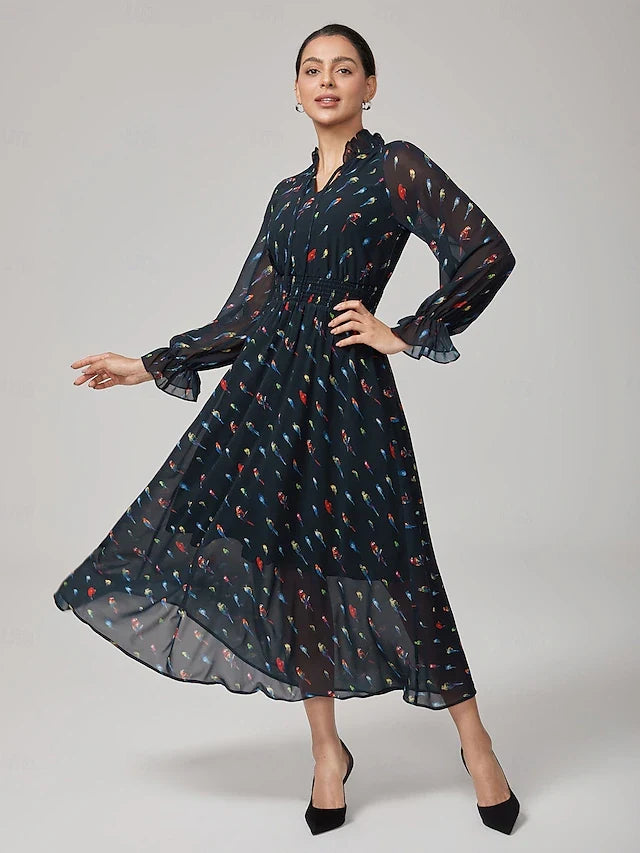 Chic A-Line Ruffled Mock Neck Long Sleeve Printed Dark Teal Midi Prom Dress