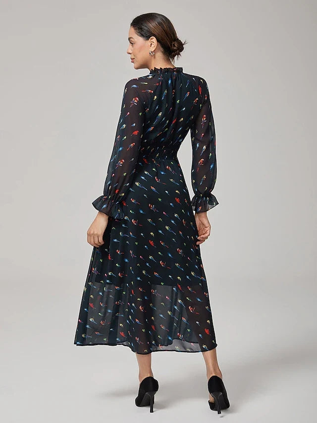 Chic A-Line Ruffled Mock Neck Long Sleeve Printed Dark Teal Midi Prom Dress