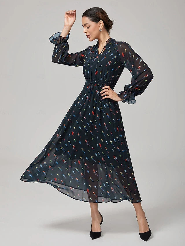 Chic A-Line Ruffled Mock Neck Long Sleeve Printed Dark Teal Midi Prom Dress