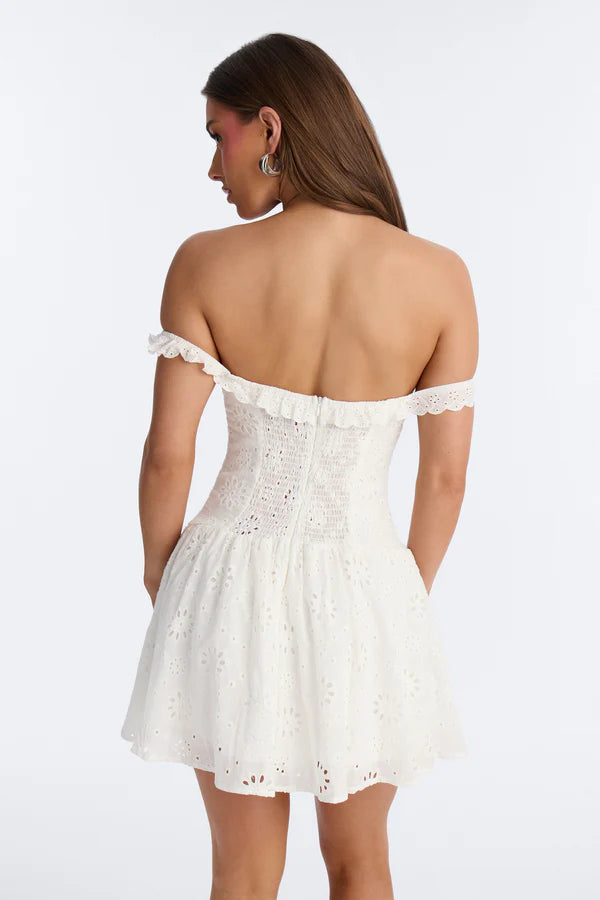 Chic A-Line Ruffled Off-Shoulder Eyelet Corset White Mini Homecoming Dress