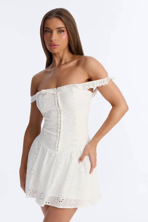 Chic A-Line Ruffled Off-Shoulder Eyelet Corset White Mini Homecoming Dress