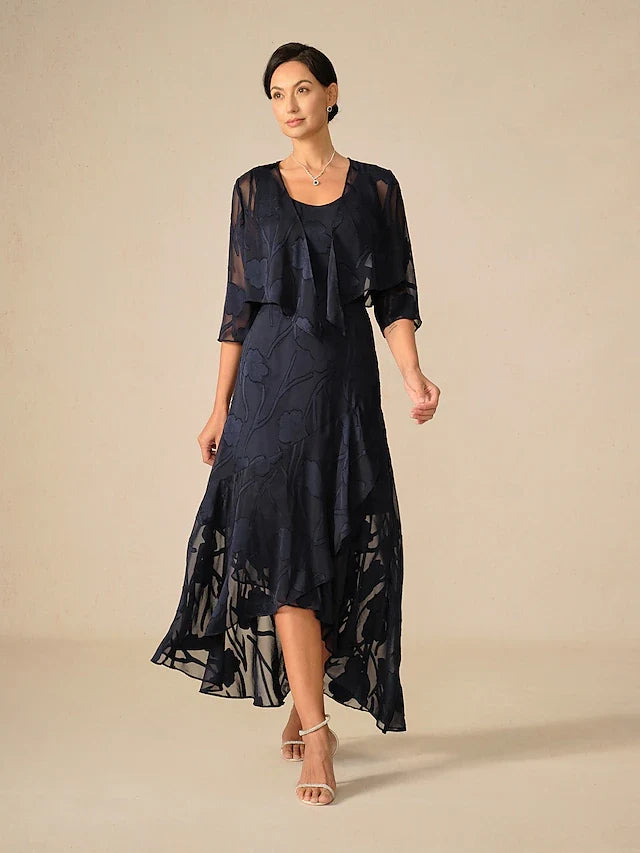 Chic A-Line Scoop Neck Sleeveless Floral Asymmetrical Navy Blue Midi Prom Dress
