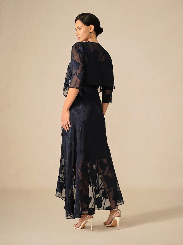 Chic A-Line Scoop Neck Sleeveless Floral Asymmetrical Navy Blue Midi Prom Dress