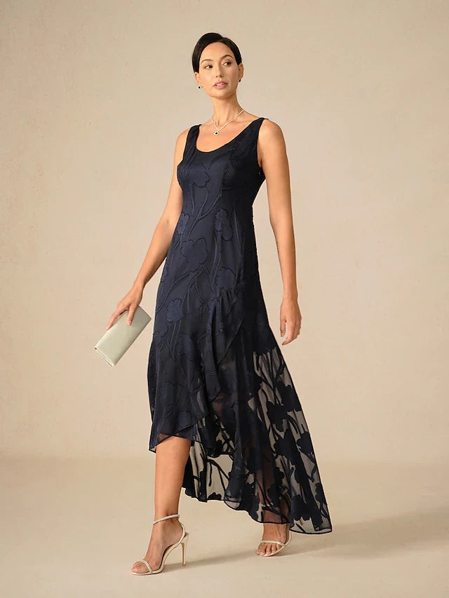 Chic A-Line Scoop Neck Sleeveless Floral Asymmetrical Navy Blue Midi Prom Dress