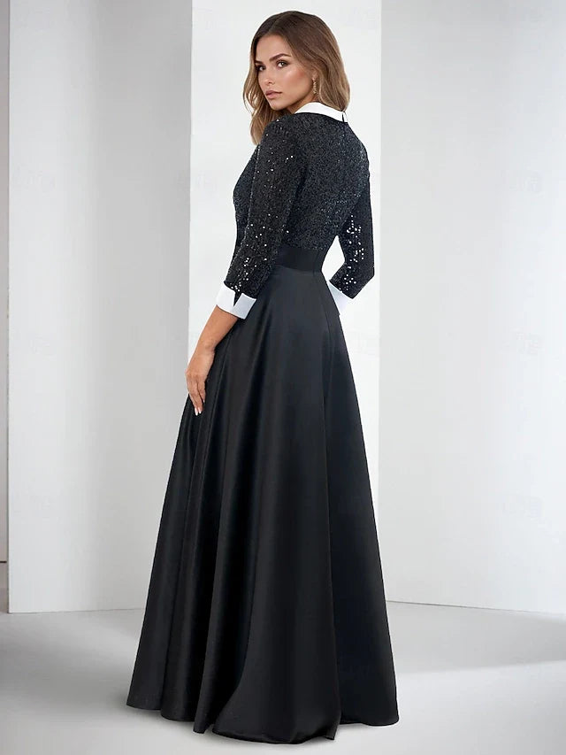 Chic A-Line Shawl Collar Long Sleeve Sequin Black Floor-Length Prom Gown