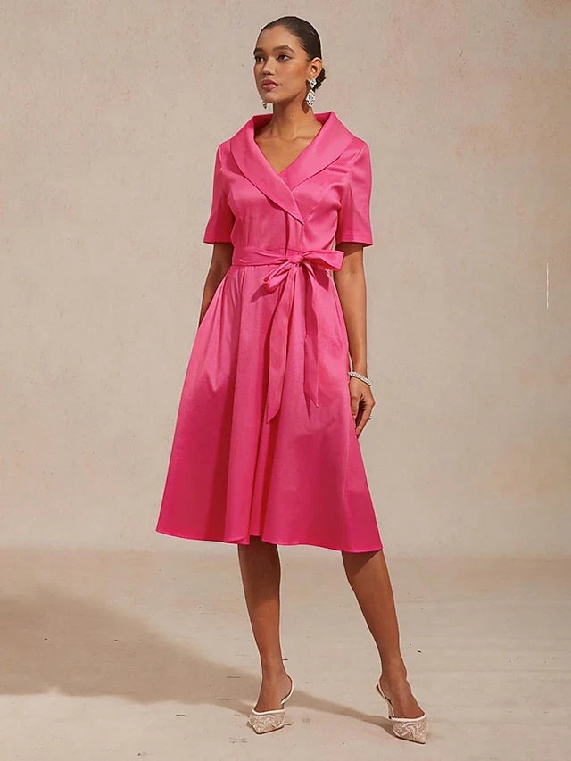 Chic A-Line Shawl Collar Short Sleeve Belted Fuchsia Midi Prom Dress