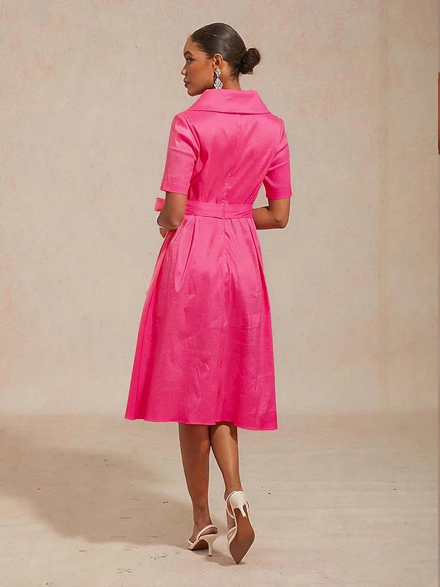 Chic A-Line Shawl Collar Short Sleeve Belted Fuchsia Midi Prom Dress