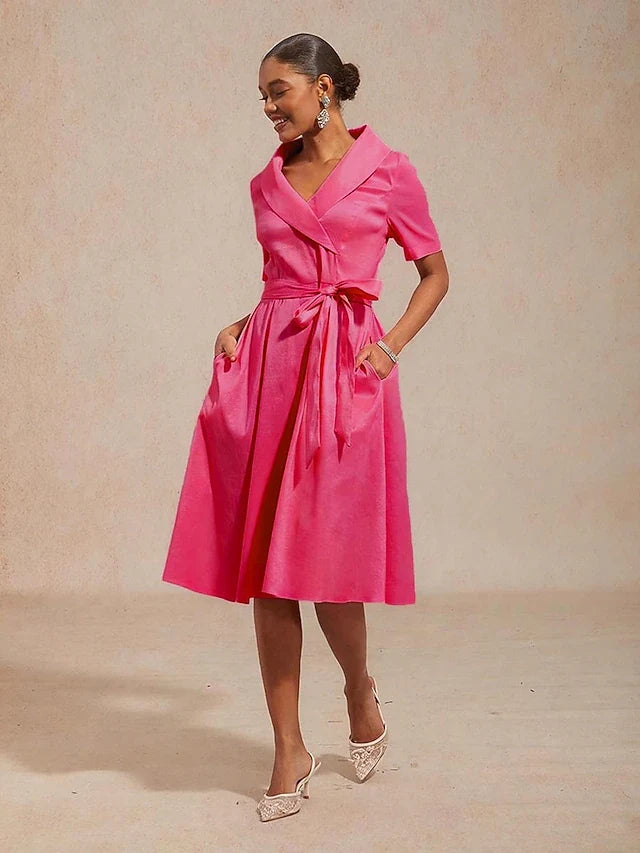 Chic A-Line Shawl Collar Short Sleeve Belted Fuchsia Midi Prom Dress