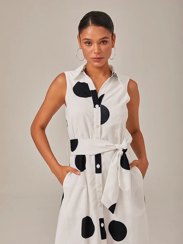 Chic A-Line Shirt Collar Sleeveless Polka Dot Belted White Midi Prom Dress Women's