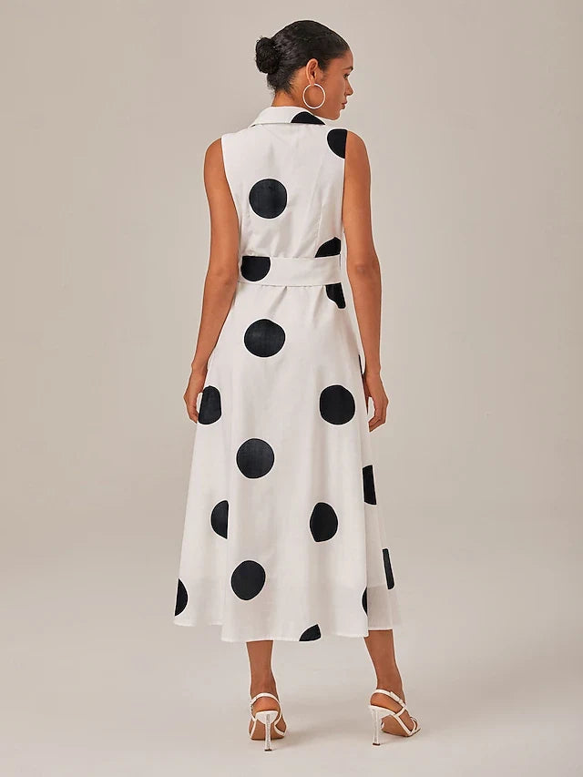 Chic A-Line Shirt Collar Sleeveless Polka Dot Belted White Midi Prom Dress Women's