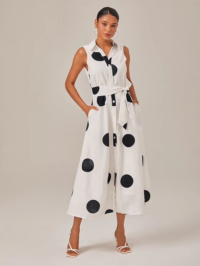Chic A-Line Shirt Collar Sleeveless Polka Dot Belted White Midi Prom Dress Women's