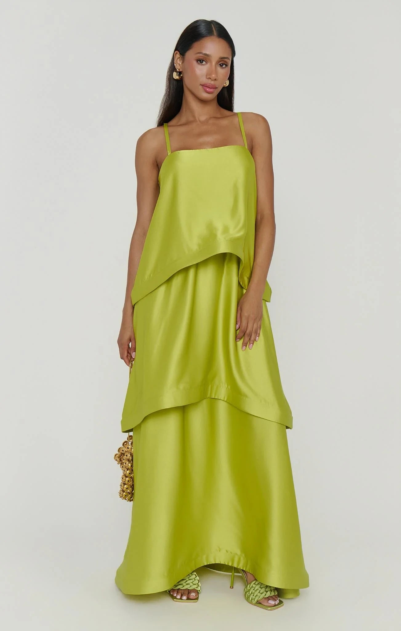 Chic A-Line Square Neck Sleeveless Tiered Shimmering Lime Green Floor-Length Prom Gown