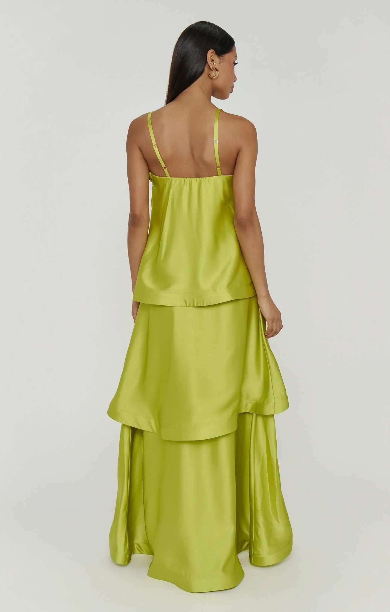 Chic A-Line Square Neck Sleeveless Tiered Shimmering Lime Green Floor-Length Prom Gown