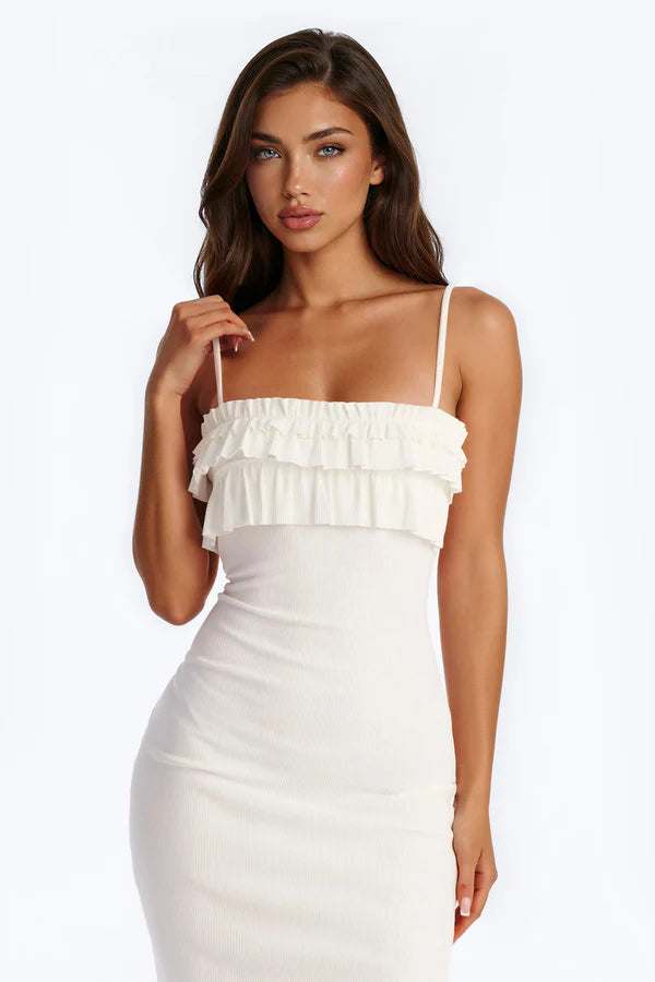 Chic Bodycon Strapless Ruffled Sleeveless Side Slit Cream Midi Prom Dress