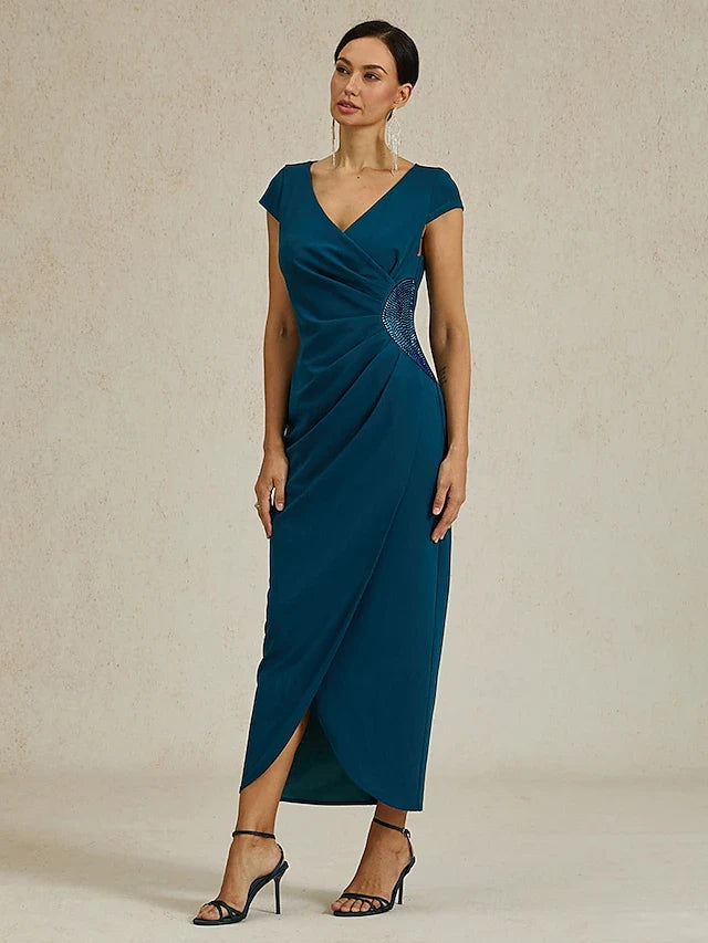 Chic Draped V-Neck Cap Sleeve Ruched Embellished Teal Midi Prom Dress