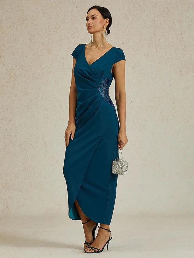Chic Draped V-Neck Cap Sleeve Ruched Embellished Teal Midi Prom Dress