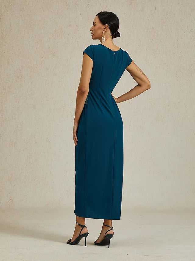 Chic Draped V-Neck Cap Sleeve Ruched Embellished Teal Midi Prom Dress