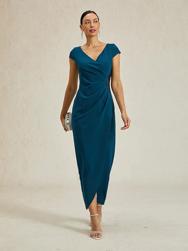 Chic Draped V-Neck Cap Sleeve Ruched Embellished Teal Midi Prom Dress