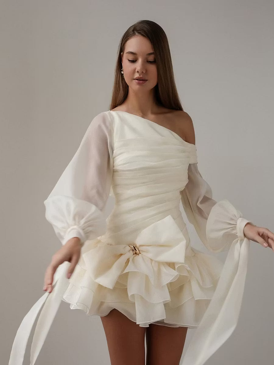 Chic One-Shoulder Long Sleeve Ruffled Ivory Mini Homecoming Dress for Women