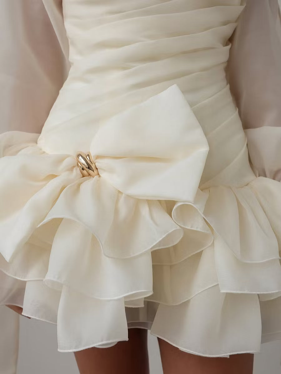 Chic One-Shoulder Long Sleeve Ruffled Ivory Mini Homecoming Dress for Women