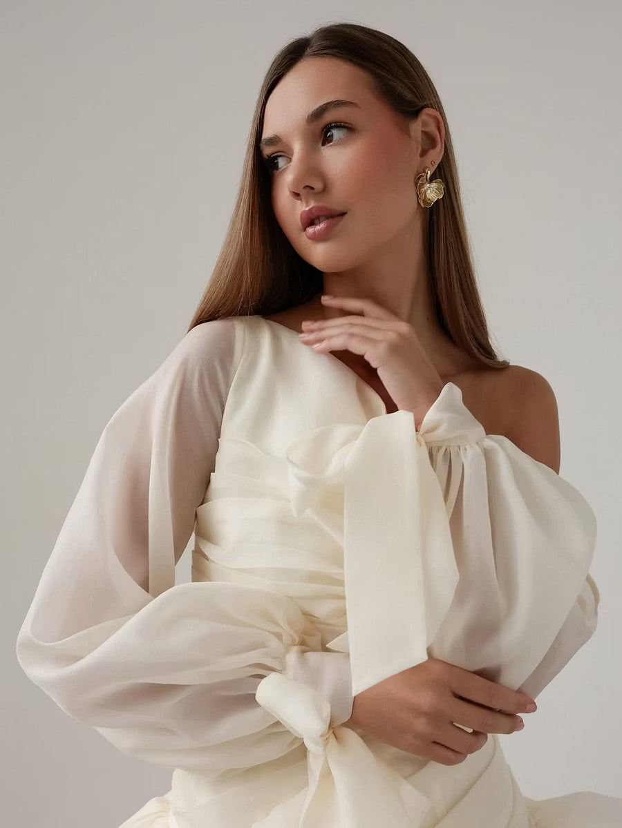 Chic One-Shoulder Long Sleeve Ruffled Ivory Mini Homecoming Dress for Women